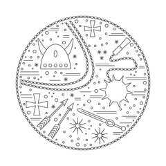 Medieval icons, symbols in round composition. horned Viking helmet, flail, morning star, sword, knight cross, arrows, chain. Medieval design elements isolated on white background. Vector template.