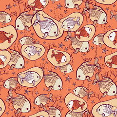 Seamless pattern with hand drawn funny fishes