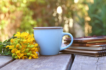 Image of notebooks next to field flowers