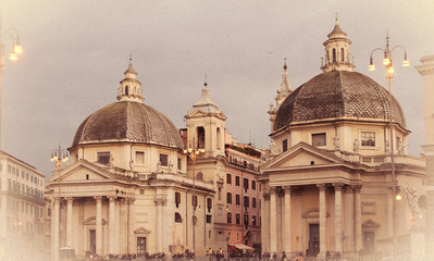 Piazza del Popolo with churches of Santa Maria on the square Piazza del Popolo. Rome, Italy. Retro style.