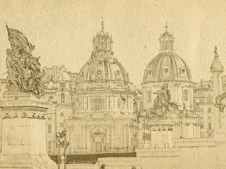 Obraz premium Grunge background with paper texture and landmarks of Rome - two domes of the Church of Santa Maria di Loreto and Colonne trojan. Italy. Sketch style.