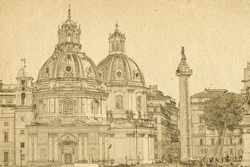 Grunge background with paper texture and landmarks of Rome - two domes of the Church of Santa Maria di Loreto and Column Trojan. Italy. Sketch style.