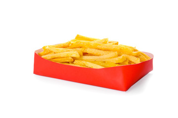 Paper red box full of delicious french fries on white background