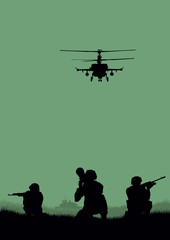 Illustration, the soldiers going to attack and helicopters.