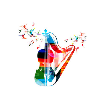 Colorful violoncello with harp and hummingbirds isolated vector illustration. Music instrument background for poster, brochure, banner, flyer, concert, music festival