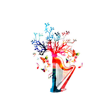 Colorful harp with treetop and music notes isolated vector illustration. Music instrument background for poster, brochure, banner, flyer, concert, music festival