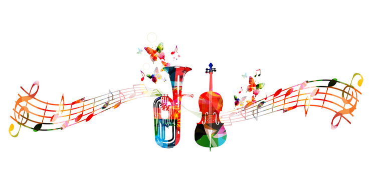 Colorful euphonium and violoncello with music notes and butterflies isolated vector illustration. Music instrument background for poster, brochure, banner, flyer, concert, music festival 