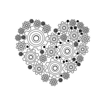 silhouette heart shape with pinions and gears set collection vector illustration