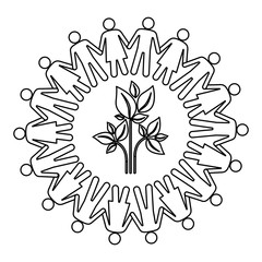 silhouette teamwork human people circle with plant with branch and leafs vector illustration