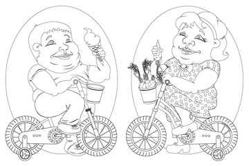 two fat people on bicycles, black and white image