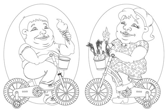 two fat people on bicycles, black and white image