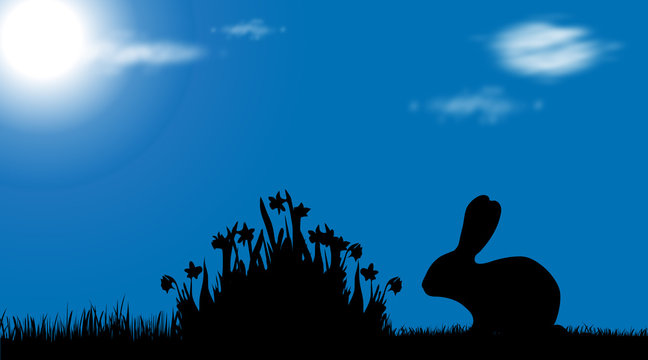 Vector silhouette of rabbit on garden.