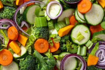 Close-up of sliced raw vegetables , top view
