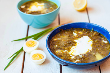Green borscht in deep plates. Sorrel soup with spinach and egg in two deep blue dishes.