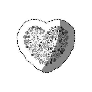 sticker silhouette heart shape with pinions and gears set collection vector illustration