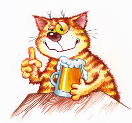 satisfied red cat with a beer