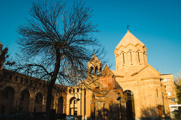 Katoghike the oldest surviving church in Yerevan and new religious complex of residence of the Catholicos with Saint Anna Church. Architecture concept. City center. Armenia