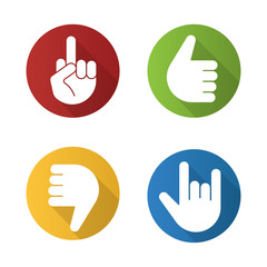 Hand gestures flat design long shadow icons set