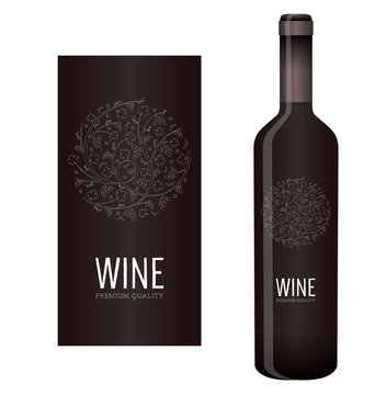 Vector wine label with chalk floral ornament of grape bunches and grape leaves