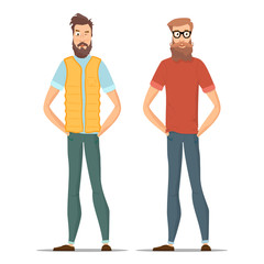 Funny bearded hipsters isolated on white. Character young people in different casual clothes. Vector illustration with male set