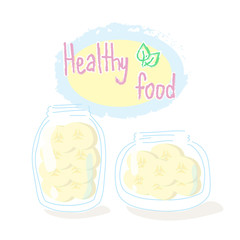 Healthy food. Two  jars with sliced bananas