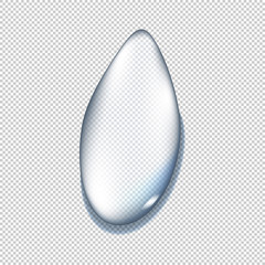 Realistic pure and transparent water drops set with shadow on gray background. Vector illustration