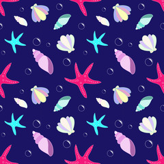 Seamless pattern with marine elements on the navy blue background