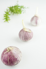 Drei Knoblauchknollen mit Kräutern im Hintergrund, diagonal, vertikal, weißer Hintergrund und Textfreiraum