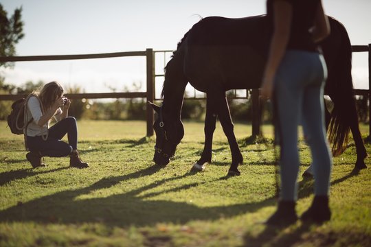 Woman clicking picture of horse in farmland