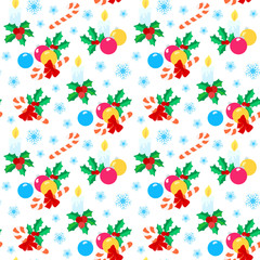 Seamless pattern with Christmas balls, candles, wreaths and sweet cane.