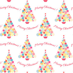 Seamless pattern with Christmas tree of colored balls and greeting text.