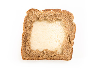 Sandwich bread slices with hole, on white background.