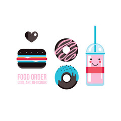 Delicious hamburger donuts and drink Food banner