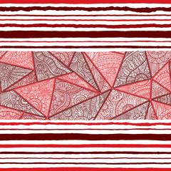 Seamless bohemian pattern. Striped print. Ethnic and tribal motifs. Zentangle, doodle, patchwork. Red and white colors.