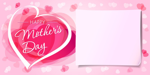 Happy Mothers day love banner. Mother`s Day greeting card template with vector pink hearts and paper on background