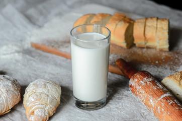 Still life of milk and bread products.