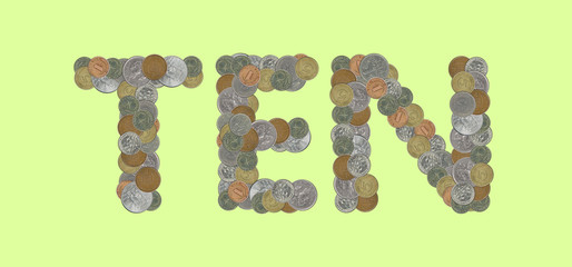 TEN – Coins on green background