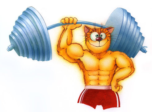 Funny cartoon bodybuilder, lifting a heavy big dumbbel cat