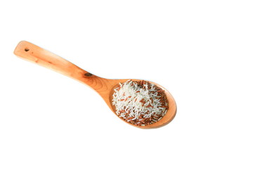 rice white and brown  in the cup in wood spoon Close up