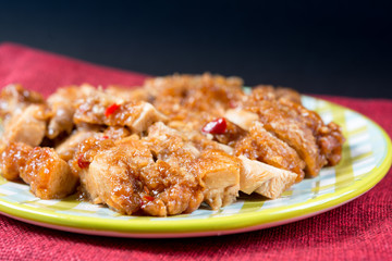 wok fried chicken stir fry with sweet peppers and chinese vegetables