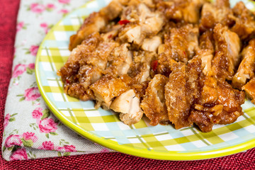 wok fried chicken stir fry with sweet peppers and chinese vegetables