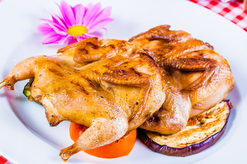 Griiled quail with vegetables on white plate