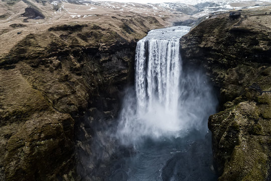 Aerial View Waterfall Near Of Famous  Skogar Waterfall In Iceland.