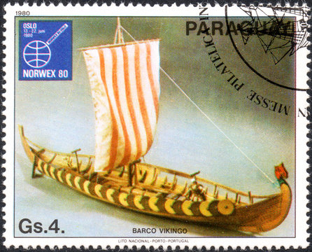 UKRAINE - CIRCA 2017: A postage stamp printed in Paraguai shows Viking ship, from the series International stamps exhibitions: ship paintings, circa 1980