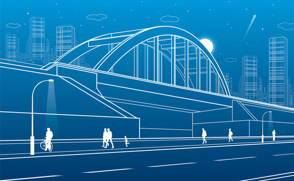 Railway bridge, urban infrastructure, night city on background, people walking, industrial architecture, white lines illustration, vector design art 