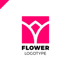 Abstract flower tulip logo in square icon vector design. Elegant linear premium symbol.