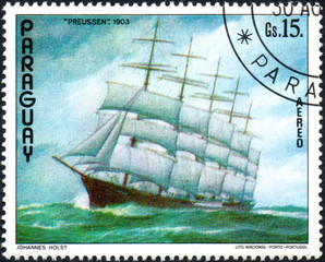 UKRAINE - CIRCA 2017: A postage stamp printed in Paraguai shows ship Prussia 1903, from the series...
