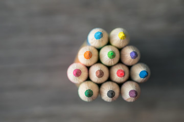 lose up colorful pencils on table.