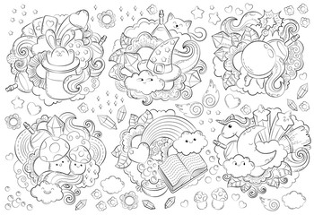 Naklejka premium Halloween Concept. Hand drawn doodle illustration. Seamless magic pattern. Cartoon Doodle Patches and Badges. Anti-stress coloring page for adult