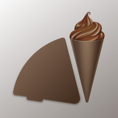 Vector Chocolate Soft Serve Ice Cream Waffle Cone in Brown Carton Foil Wrapper for Branding Close up Isolated on Background